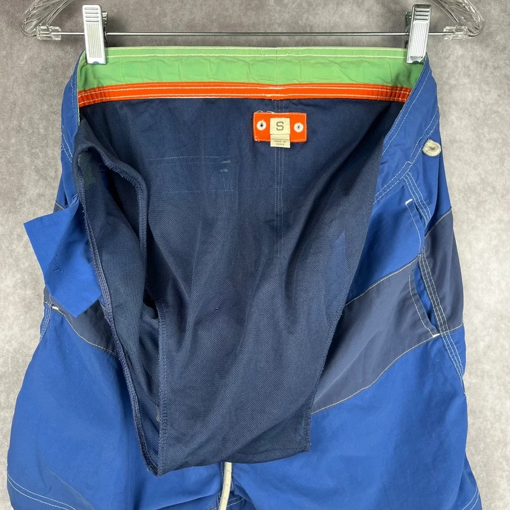 Vtg J. Crew Swimwear Mens M Blue Color Block Drawstring Lined Swim Trunks Shorts
